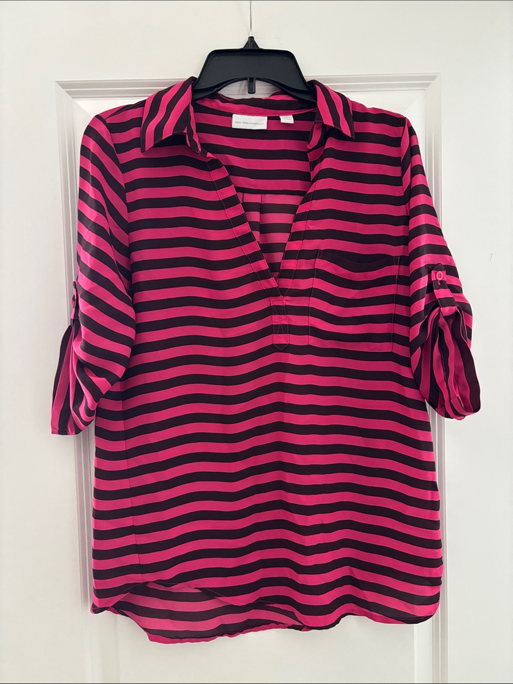 New York & Company Pink and Black Striped V-Neck Tunic